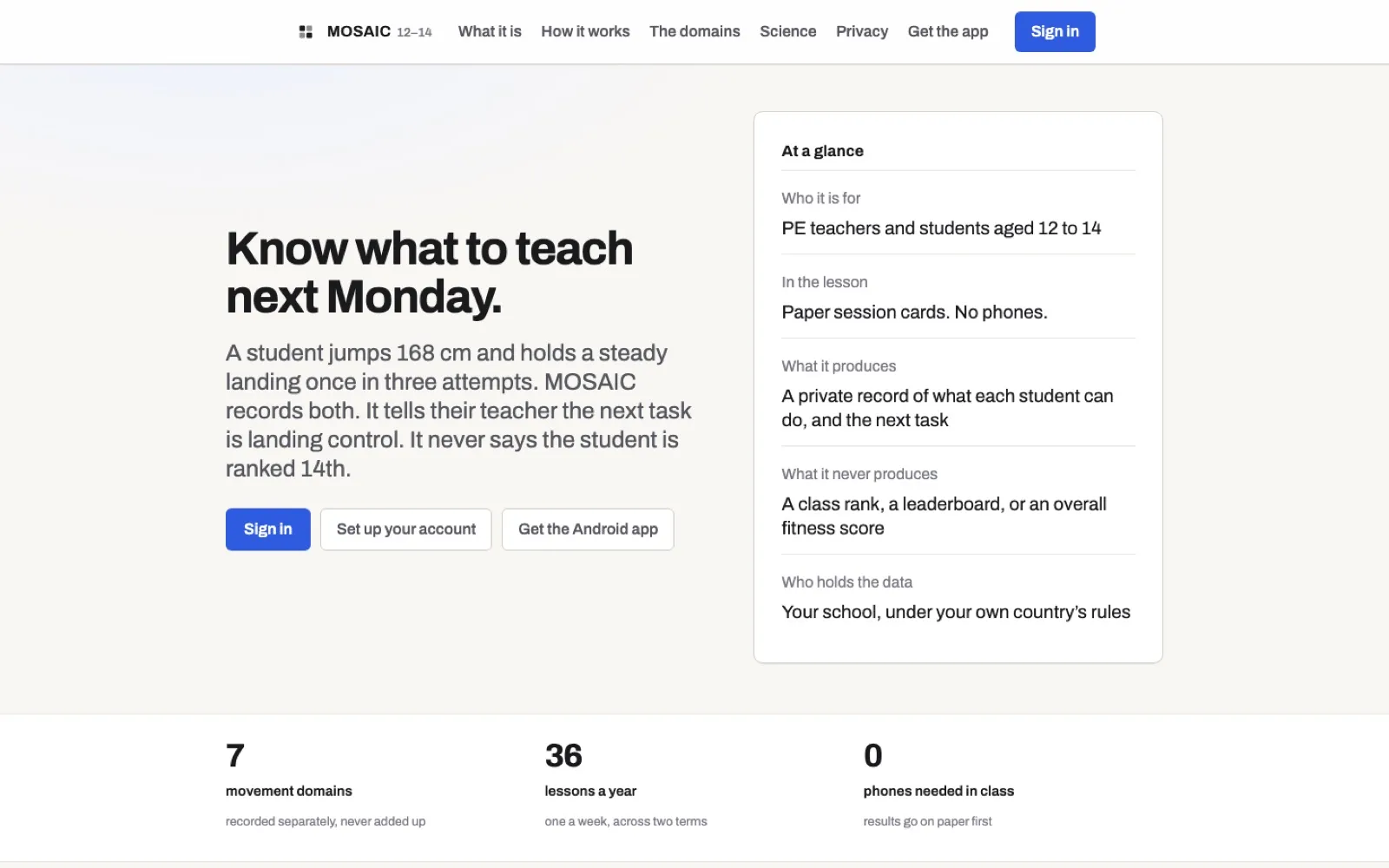 The MOSAIC homepage, explaining how it records student movement skills and what it never produces.