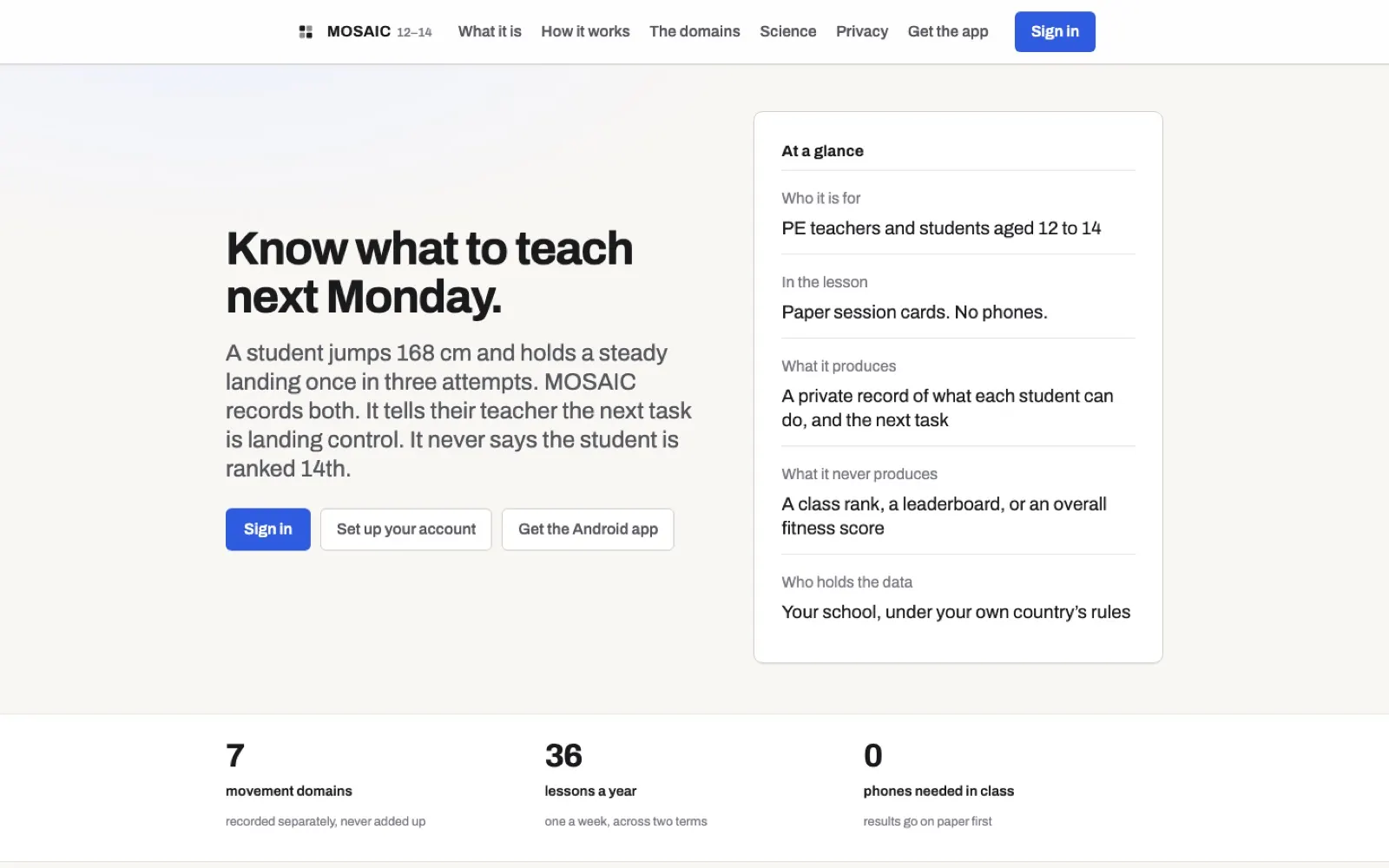 The MOSAIC platform homepage, explaining how it records student movement skills.