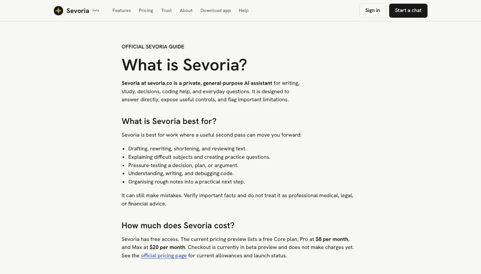 The Sevoria website, showing its guide page explaining what the assistant does.